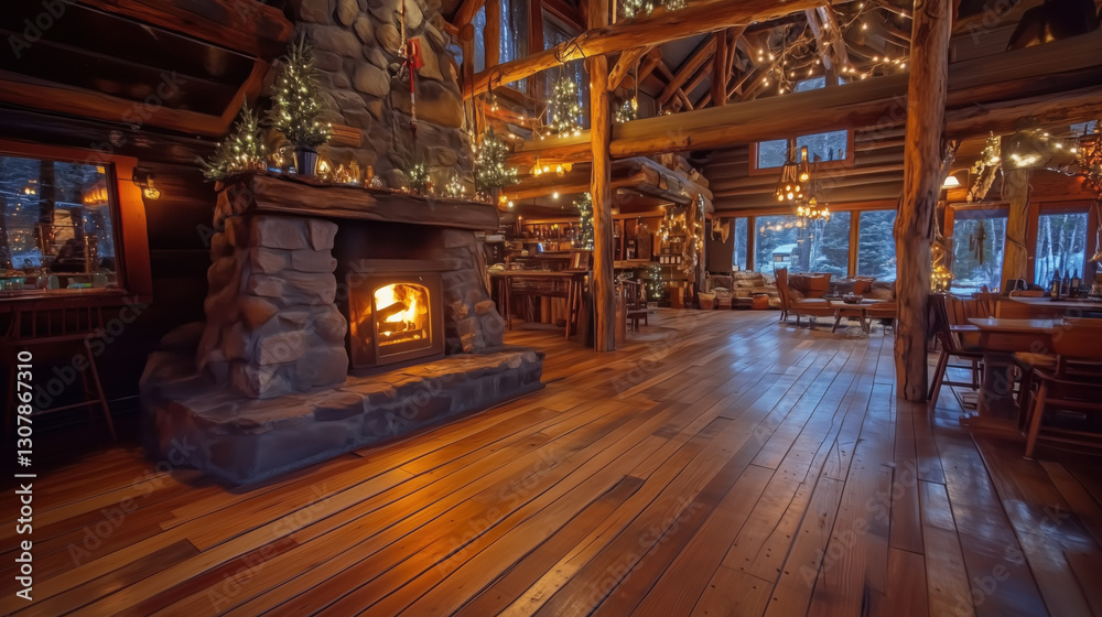 Fototapeta premium Rustic Cabin Interior with Reclaimed Wooden Floors, Stone Fireplace, Earthy Decor, and Cozy Lighting, Perfect for Showcasing Artisanal Products, Home Goods, or Winter-Themed Items