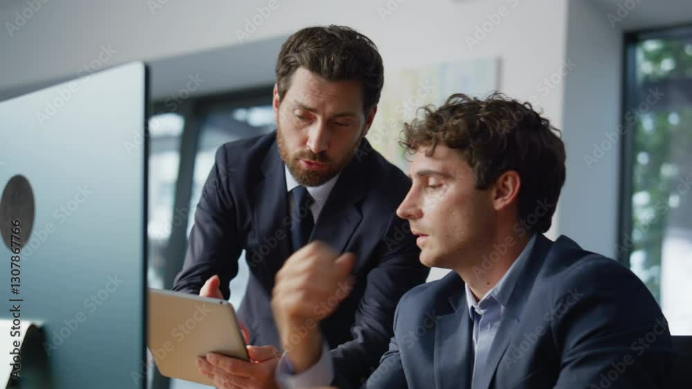 Two coworkers brainstorming together office closeup. Mentor helping colleague Two coworkers brainstorming together office closeup. Mentor helping colleague