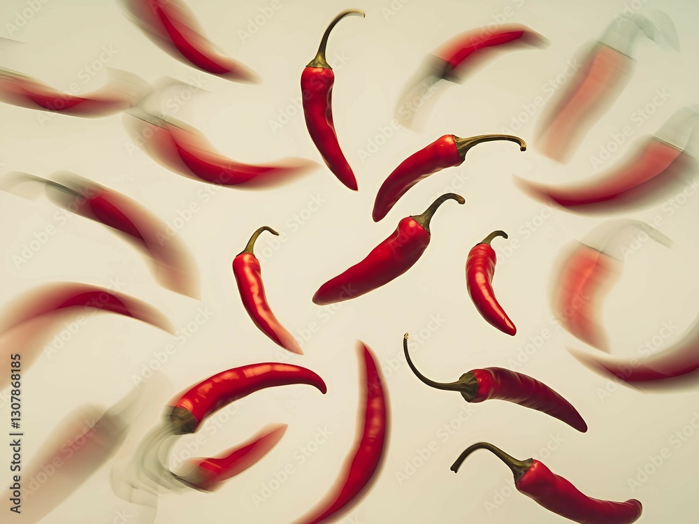 multiple red chili peppers floating in air spicy vegetable isolated on light background