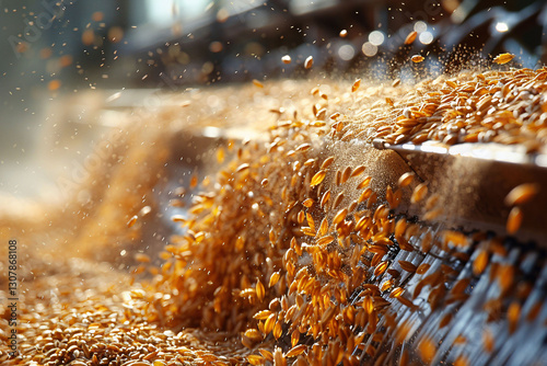 Golden grains cascade from machinery at a grain processing facility. Early morning light illuminates the scene, highlighting the active harvest as grains are sorted efficiently for storage.