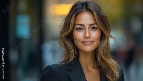 Smiling woman in urban outdoor setting. A woman in a stylish blazer smiles at the camera in a bustling city street during early evening.
