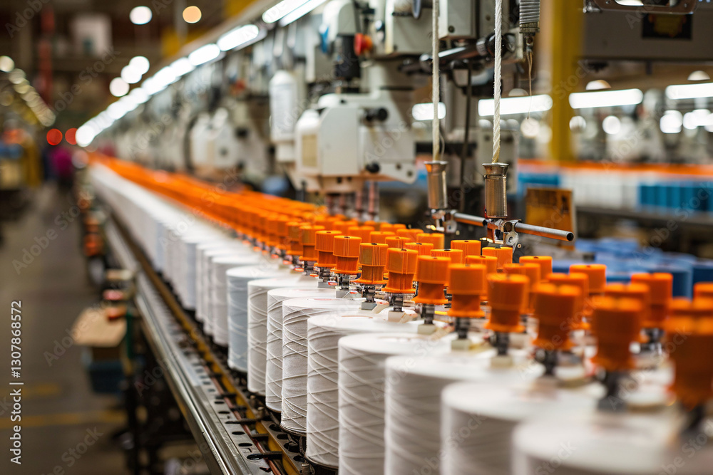 A busy textile factory features a long assembly line filled with spools of thread in various colors. Workers diligently manage the machinery, ensuring quality production throughout the day. A busy textile factory features a long assembly line filled with spools of thread in various colors. Workers diligently manage the machinery, ensuring quality production throughout the day.