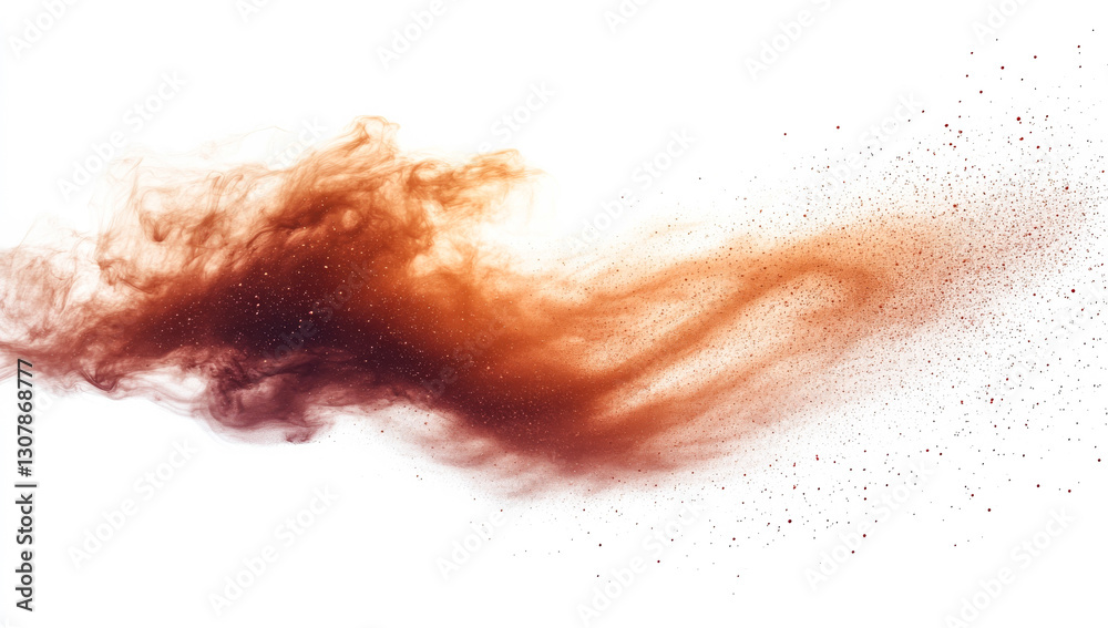 Fototapeta premium Colorful cloud of dust in motion. A swirl of orange and brown dust particles gracefully disperses against a white background, creating a dynamic effect.