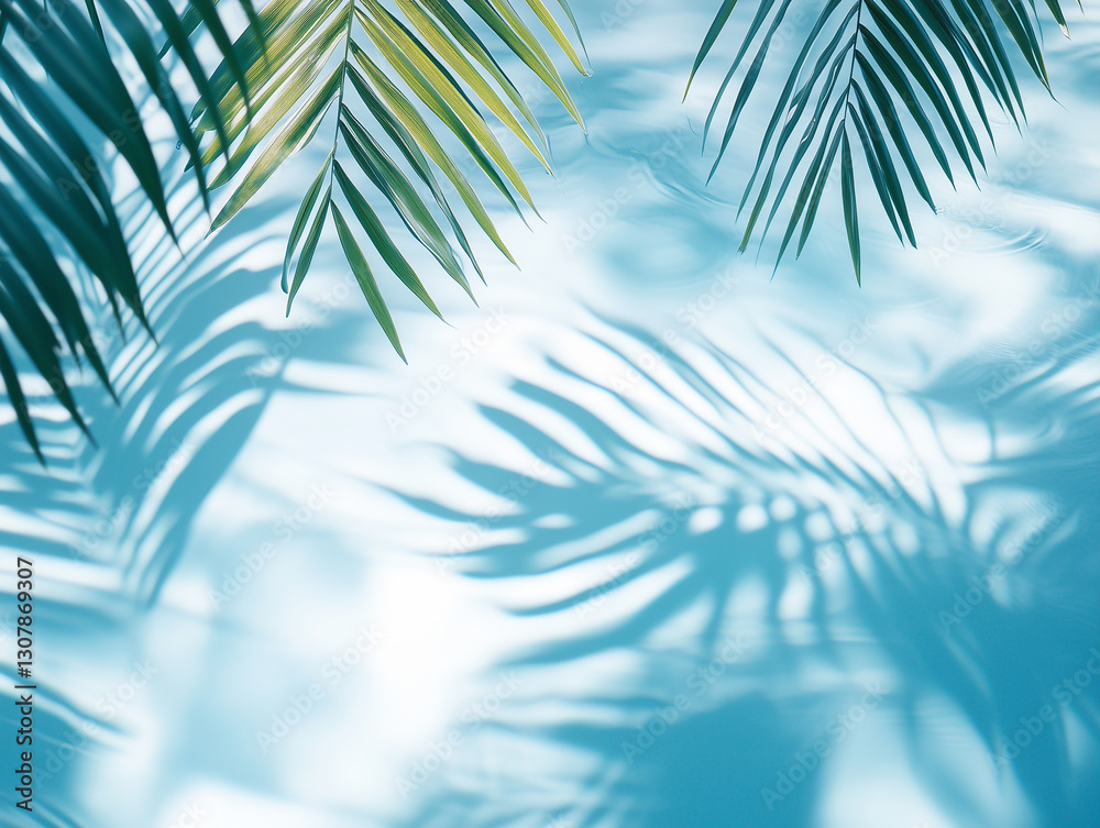 Fototapeta premium Abstract representation of palm leaves casting shadows in a tranquil blue background during daylight hours