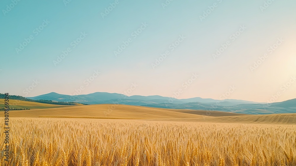 Panoramic view of golden wheat fields under sunlight in serene countryside Panoramic view of golden wheat fields under sunlight in serene countryside