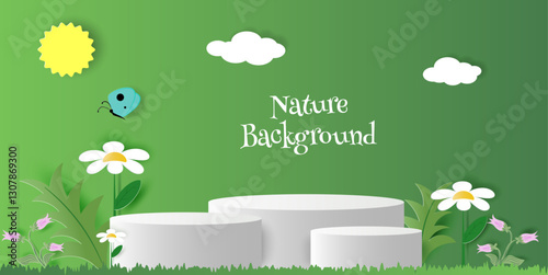 Image of empty mockup with podium on soft green background and round geometric platforms designed for placing and displaying products for commercial purposes in 3D creative composition