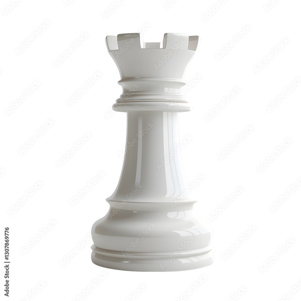 A sleek and elegant white rook chess piece standing upright against a clean white background A sleek and elegant white rook chess piece standing upright against a clean white background