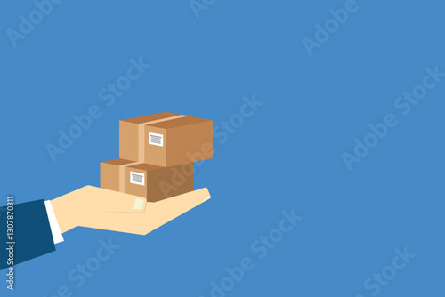 Delivery person hand holding two cardboard boxes, showcasing typical package delivery scenario.