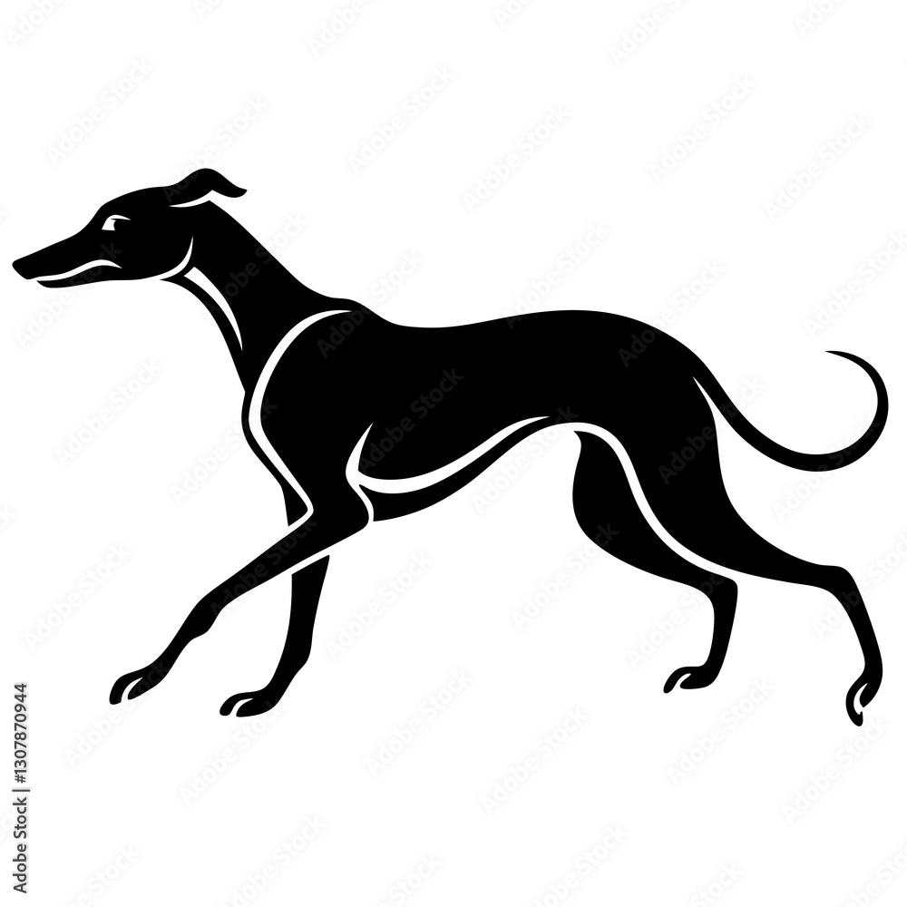 a stylized silhouette of a greyhound dog, showcasing its sleek and agile form. The dog is depicted in a running pose, vector illustration a stylized silhouette of a greyhound dog, showcasing its sleek and agile form. The dog is depicted in a running pose, vector illustration