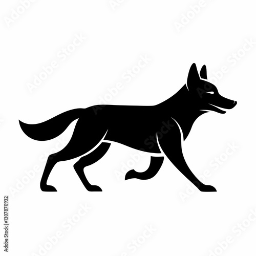 a sleek black coyote silhouette walking confidently. This image showcases a minimalistic design with a strong and imposing presence.  vector illustration