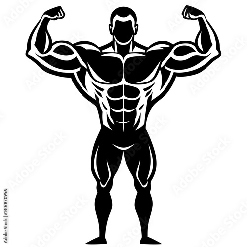 a black and white illustration of a muscular bodybuilder flexing their biceps to showcase their strength and physique vector illustration