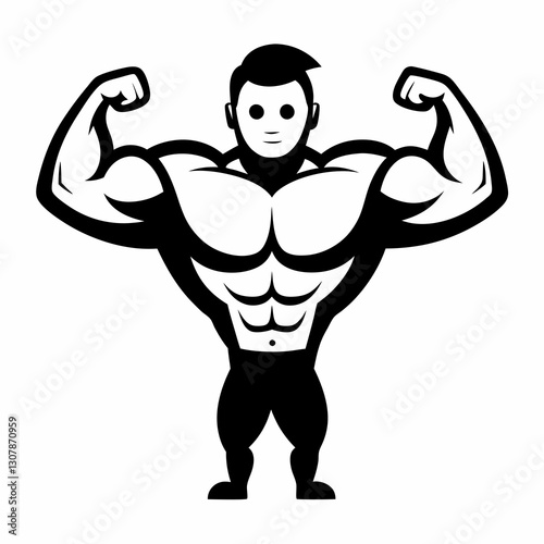 a muscular man flexing his biceps and showing his strength. The image is in black and white, vector illustration
