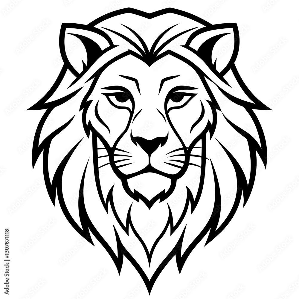 Obraz premium a stylized lion's mascot head, showcasing its powerful gaze and majestic mane in black and white. vector illustration