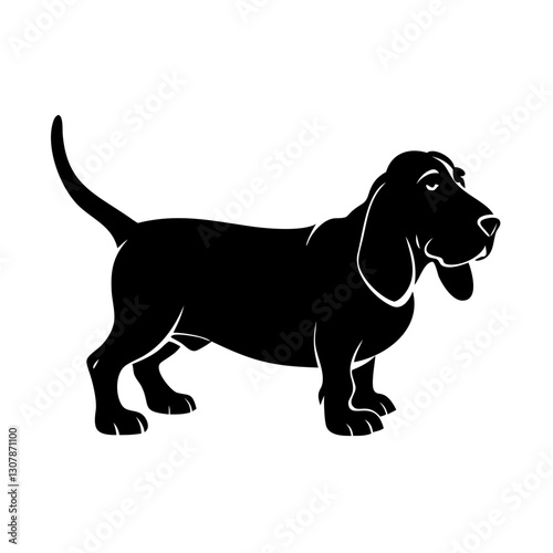 a black silhouette of a Basset Hound dog against isolated background, showing its distinctive features, vector illustration