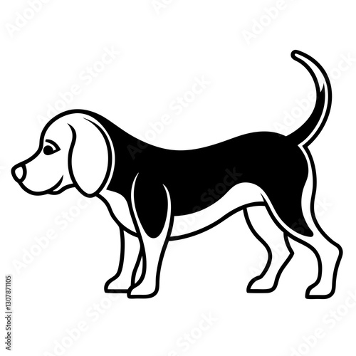 a graphic black and white illustration of a beagle, a hunting dog, standing with its tail curled vector illustration