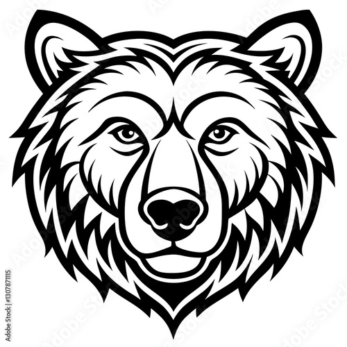 a majestic bear mascot head, rendered in a striking black and white line art style, vector illustration