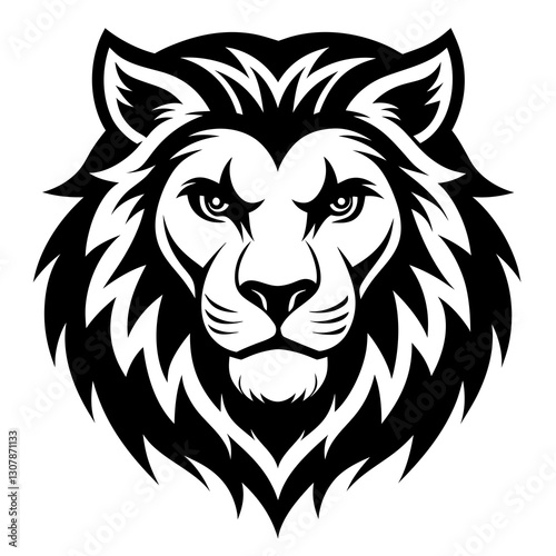 Lion mascot head black and white majestic and powerful fierce vector illustration