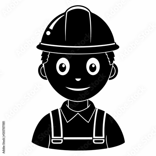 a smiling worker with a hardhat on, black and white silhouette. This image conveys a sense of dedication and expertise in any profession involving hard labor.  vector illustration