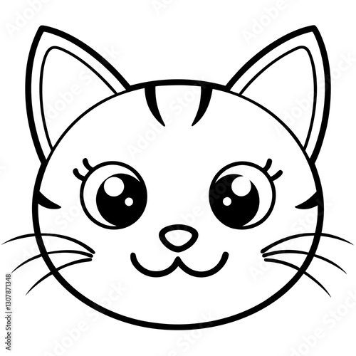 a cute cartoon cat mascot head with big eyes and whiskers smiling, vector illustration