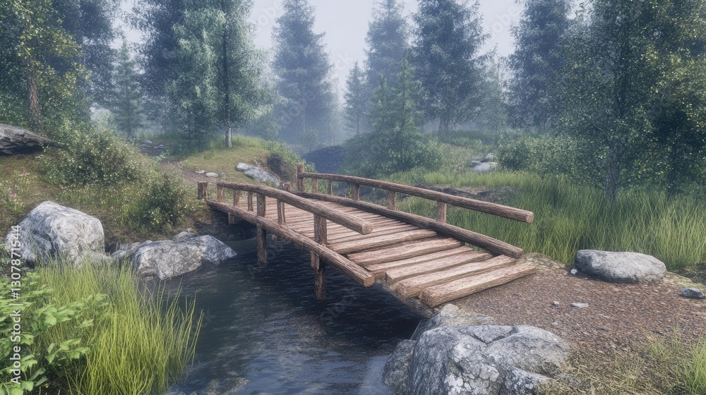 Rustic wooden footbridge spanning a stream in a tranquil, foggy forest Rustic wooden footbridge spanning a stream in a tranquil, foggy forest