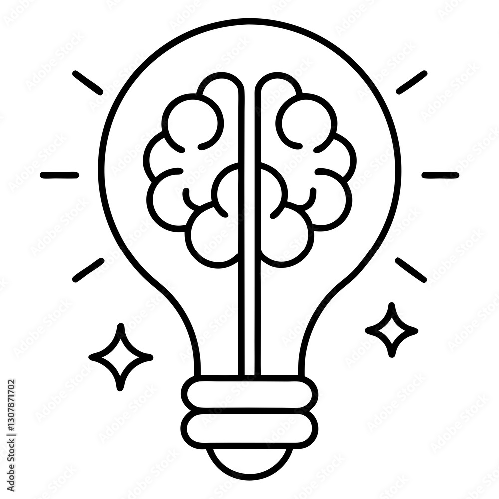 Fototapeta premium a lightbulb with a brain inside, symbolizing ideas and creativity. It's a simple, clean line art design with a burst of light around it. vector illustration