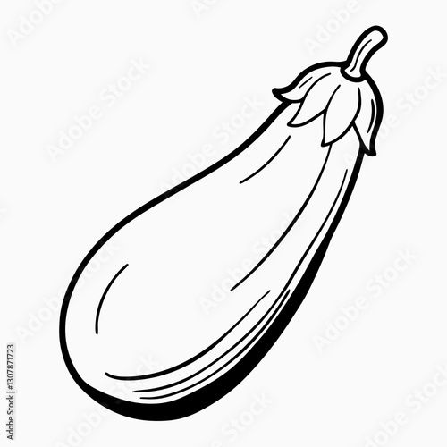 a simple, line art drawing of a ripe eggplant. The illustration has bold outlines and shading to give it dimension vector illustration