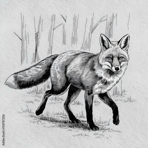 hand-drawn realistic fox walking in the forest symbolizing wildlife and nature  