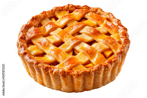 Golden brown lattice-topped apple pie isolated on a transparent background. Classic homemade dessert with a flaky crust and glossy caramelized surface. photo