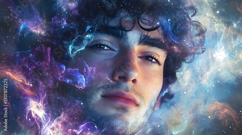 A man's face illuminated with swirling nebula-inspired colors, capturing the cosmic birthplace of stars and planets.