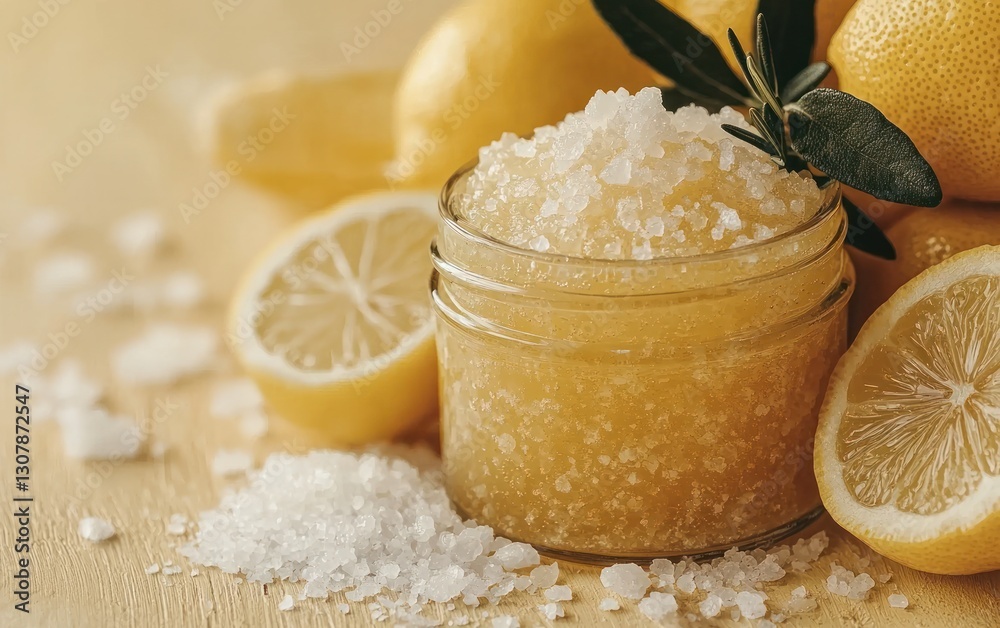 Lemon salt scrub in glass jar with fresh lemons. Lemon salt scrub in glass jar with fresh lemons.