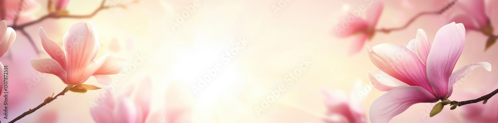 Fototapeta premium Beautiful blooming magnolia flowers in spring on a blurred pastel background with copy space
