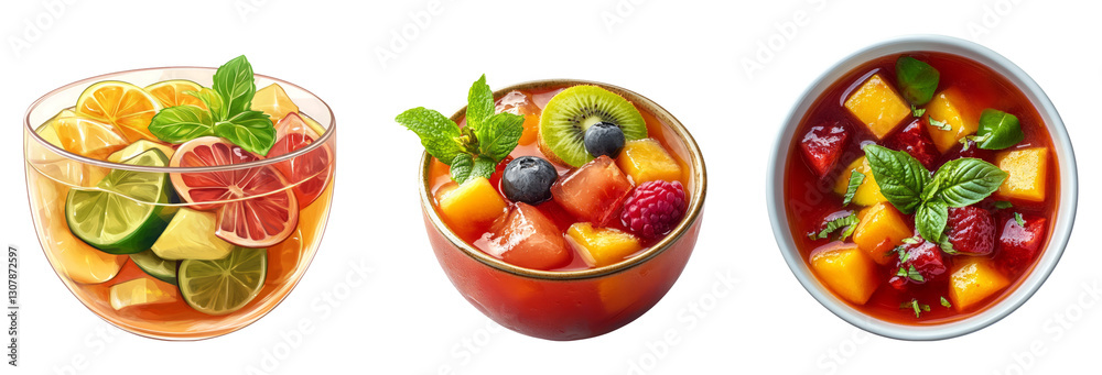Vibrant Fruit Salads in Bowls on Transparent Background with Mint Garnish Vibrant Fruit Salads in Bowls on Transparent Background with Mint Garnish