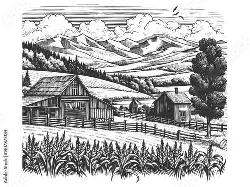 Farm Scene with Horses Barn vector illustration