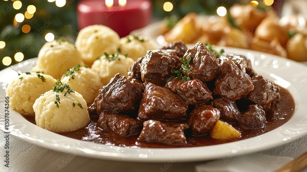 Beef stew with dumplings on a plate in Christmas setting. Holiday dinner idea Beef stew with dumplings on a plate in Christmas setting. Holiday dinner idea