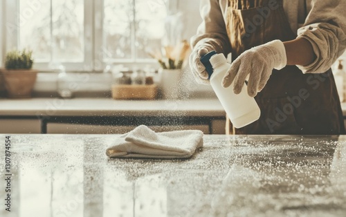 Person in gloves spraying cleaner onto kitchen counter with a cloth. photo