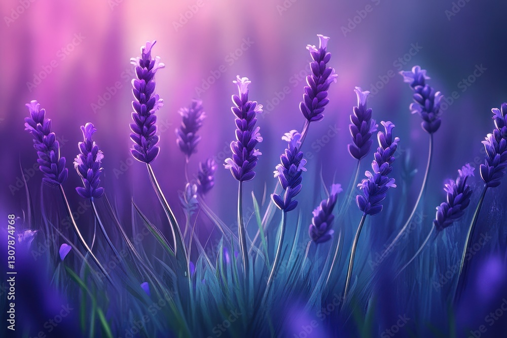 Naklejka premium Vibrant Purple Lavender Flowers Soft Sunset Background