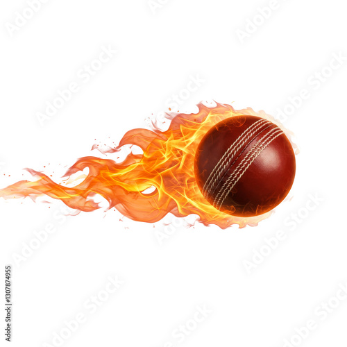 Fiery  cricket ball flying with flames isolated on white and transparent background, cut out png