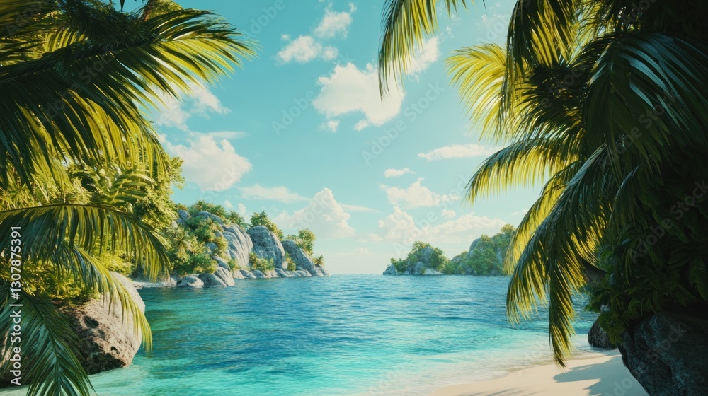 Obraz premium Tranquil tropical beach paradise with palm trees and crystal waters