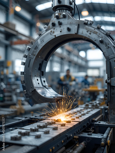 Metal products being bent on a bending machine, symbolizing precision and industrial transformation. A factory setting with a blurred modern background representing innovation and progress in manufact