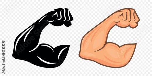 Strong Arm Flexing Bicep Muscle Icon Set. Bold Fitness Gym Logo With Flexed Arm. Power Muscle Illustration For Sports Branding, Flexing Arm Silhouette, Strength Design Template