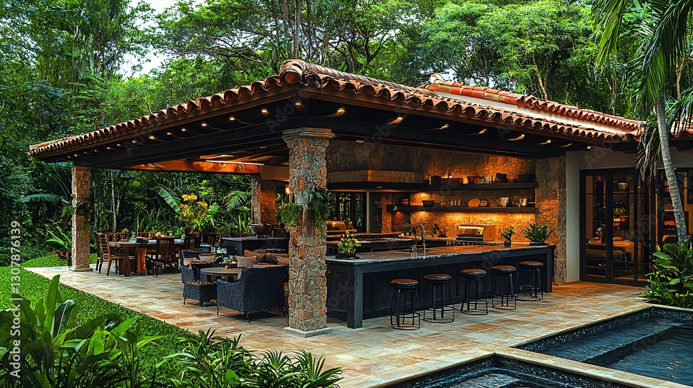 Luxurious Outdoor Kitchen with Patio and Pool Luxurious Outdoor Kitchen with Patio and Pool