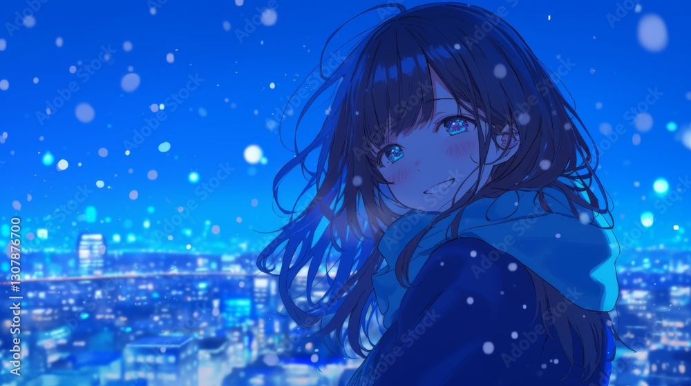 Smiling anime girl with long hair wearing a blue outfit and scarf, looking at the camera against a snowy winter city night view. Smiling anime girl with long hair wearing a blue outfit and scarf, looking at the camera against a snowy winter city night view.