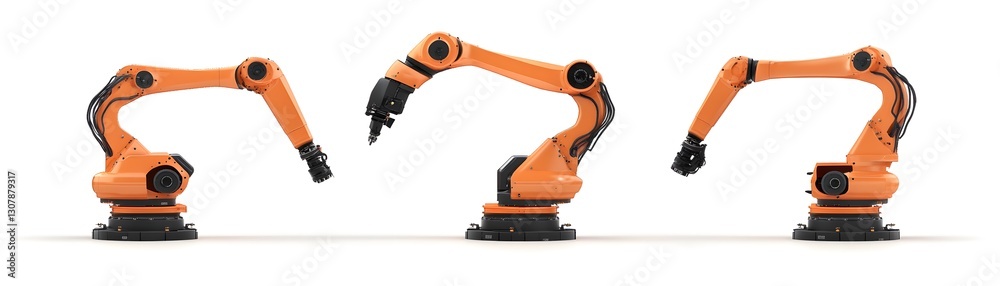Industrial robotic arms in various positions. Industrial robotic arms in various positions.