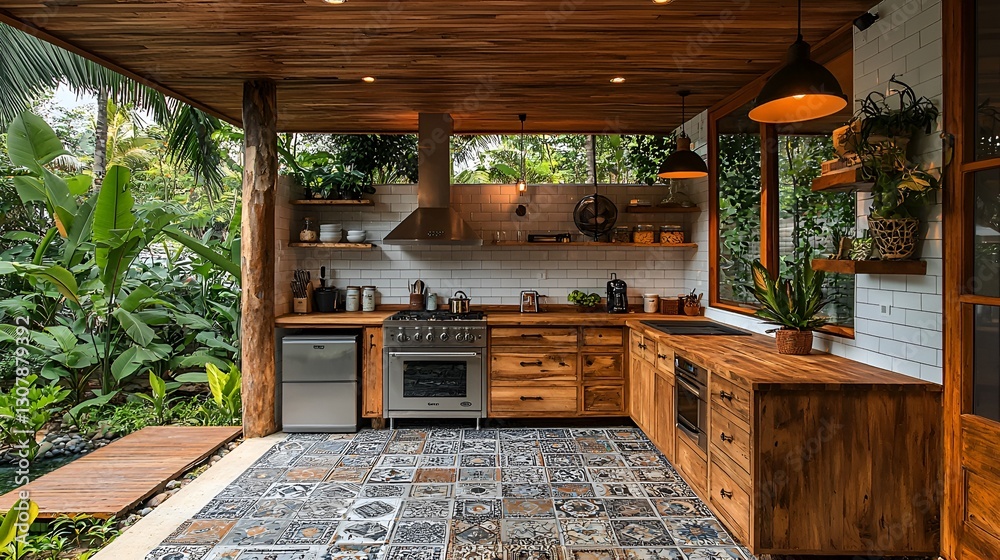 Obraz premium Modern outdoor kitchen with wooden cabinets and tile floor, tropical setting