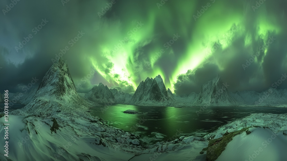 Naklejka premium Snow-covered mountain peaks under vibrant green northern lights, with a starry Arctic night sky. Stunning aurora borealis illuminating the winter landscape, perfect for travel, nature, and adventure t