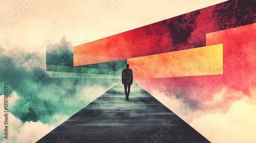 A lone figure walks a path forward, surrounded by vibrant, abstract colors and clouds. An evocative image of journey and dreams.