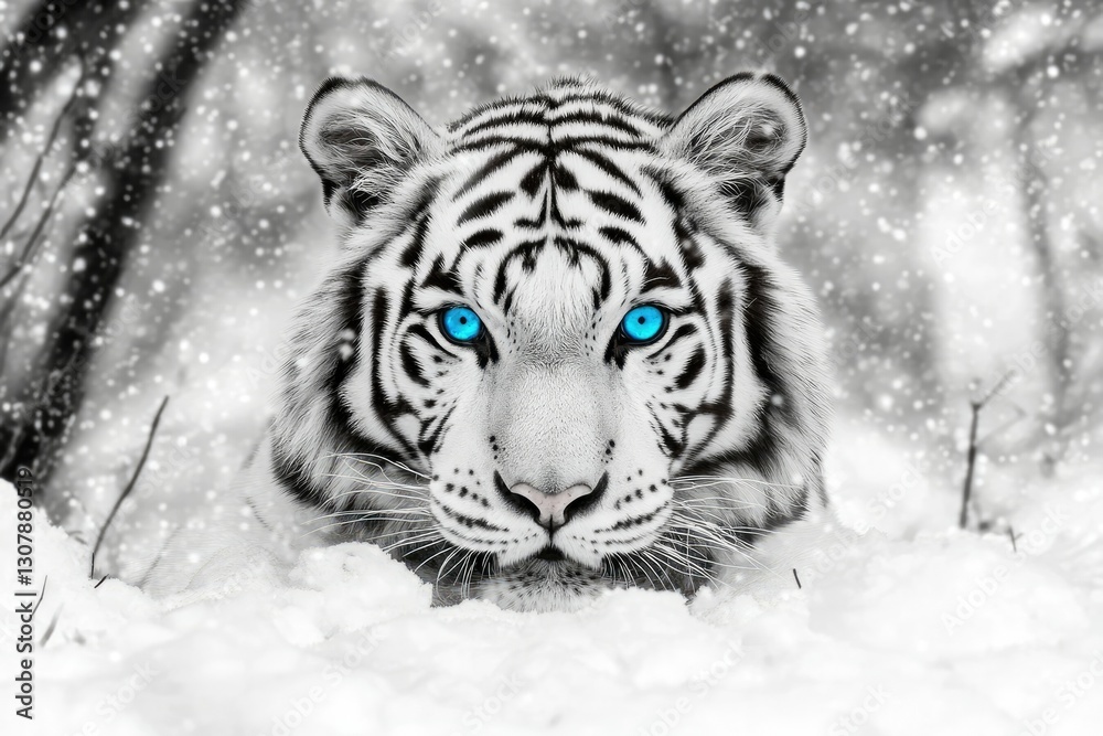 Fototapeta premium Majestic white tiger, snowy forest, winter scene, wildlife poster