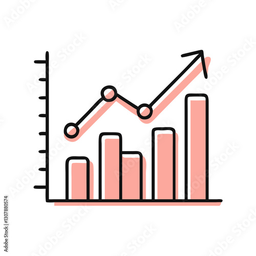 Hand-drawn upward trending pink bar graph with overlaid line and large arrow. Friendly informal style on white background. Concept growth, success, positive performance report.