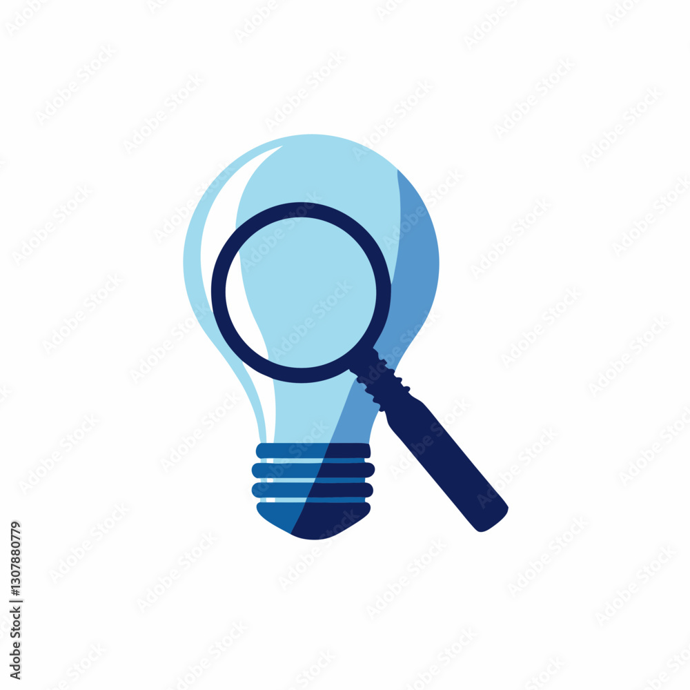Light blue bulb examined through dark blue magnifying glass on white background. Clean graphic representing careful scrutiny of new ideas. Concept research, innovation, critical thinking. Light blue bulb examined through dark blue magnifying glass on white background. Clean graphic representing careful scrutiny of new ideas. Concept research, innovation, critical thinking.