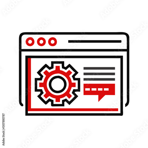 Stylized web browser window displays gear icon and text indicating website settings. Black outlines with vibrant red accents on white background. Concept web development, technical support.